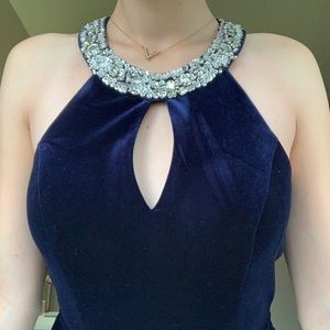 Velvet Blue Rhinestone Dress with Slit